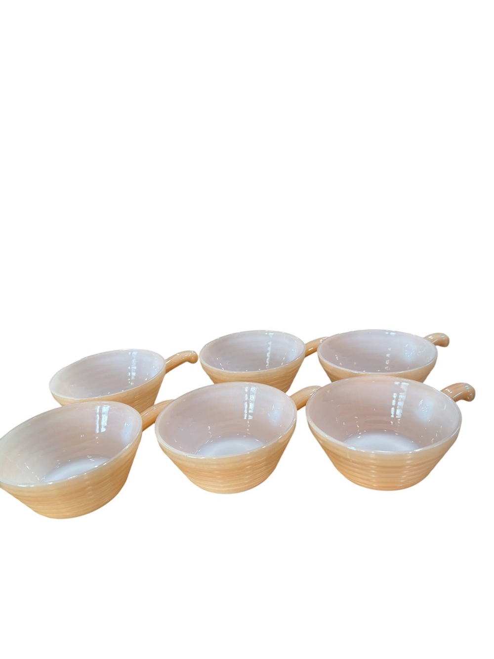 Vintage Fire King Peach Lustre Bee Hive Soup Bowls handles Lot of 6 Pearlescent